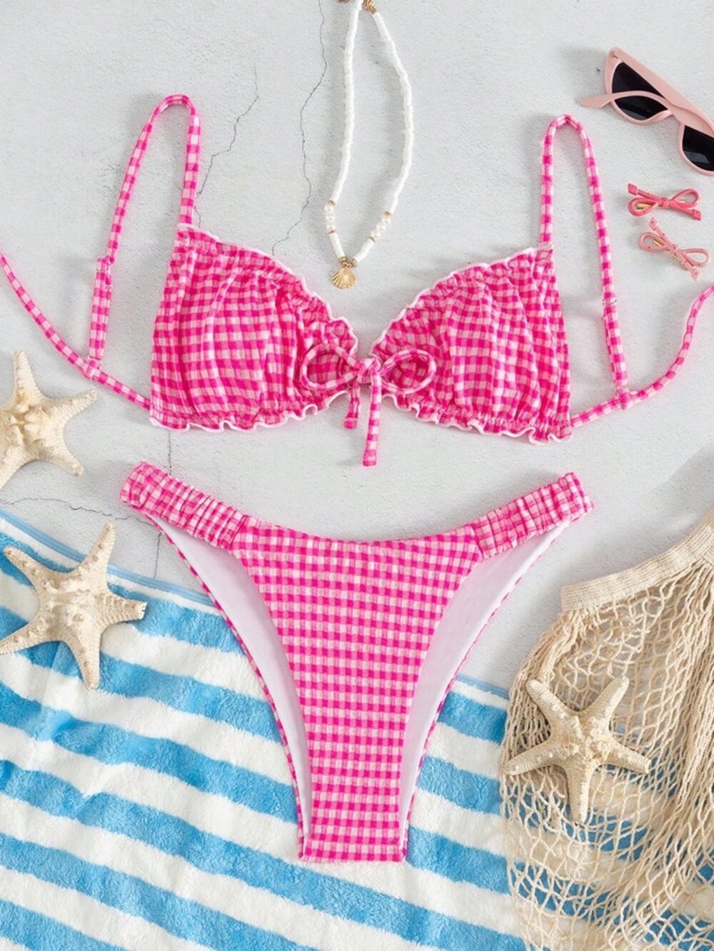 Pink Casual Women's Ruffle Trim Bowknot Front Bikini Set - Picture 2 of 6